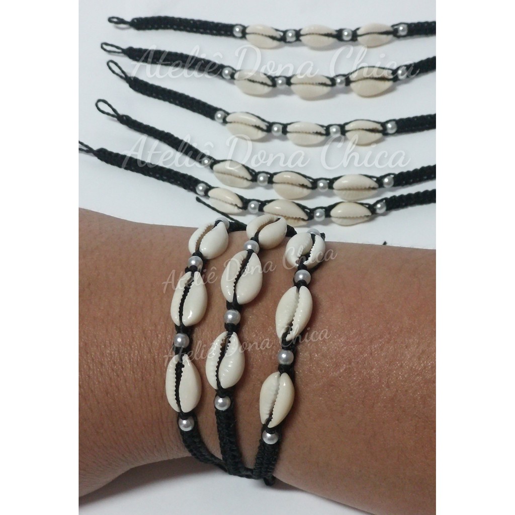 1 Pulseira / Tornozeleira  Macrame 3 Búzios - Preto