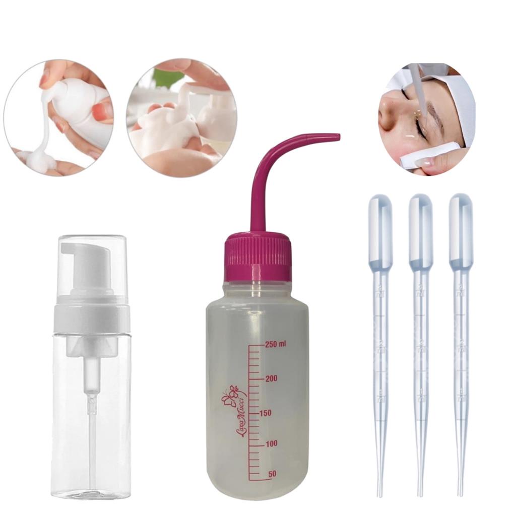 Kit Alongador e Limpeza de Cilios Pisseta Bico Curvo + Pump Espumador + Pipeta Pasteur Conta Gotas