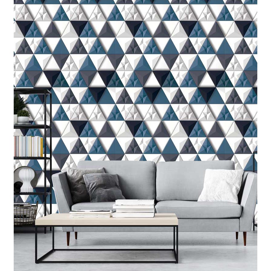 Papel de Parede Adesivo 3d Triângulos Em Tons De Branco Azul e Cinza - Home & Living