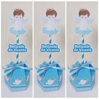 Kit Centro de mesa personalizado, 10 ou 15 unidades, Batizado menino