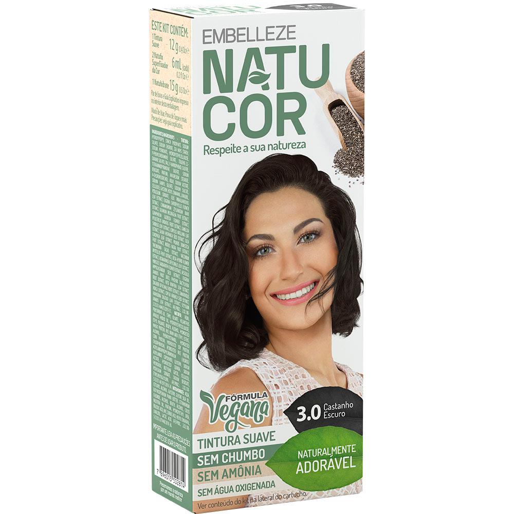 Tinta de cabelo natucor naturalmente adorável castanho escuro 3.0 kit completo