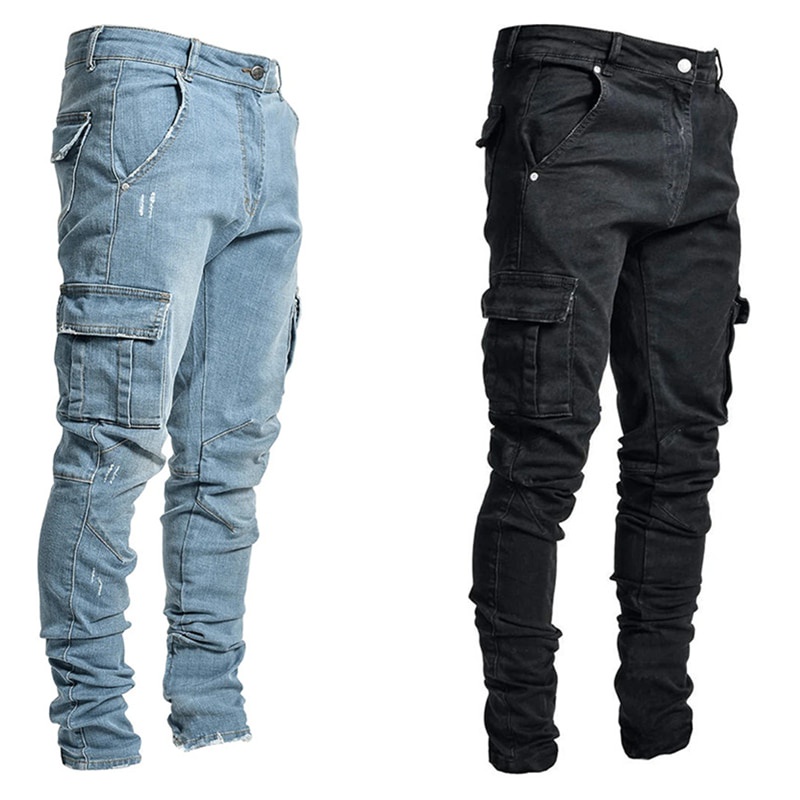 Calça Jeans Homem Calça Casual Multi Pocket Cargo