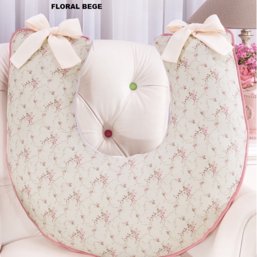 ALMOFADA DE AMAMENTAR (helena)FLORAL BEGE COM ROSÊ com forro bege em Oferta na Shopee