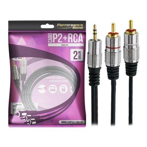 Cabo De Áudio P2 x 2 RCA Profissional Blindado Plug Metal Ouro 2/3/5/10 Metros Chipsce