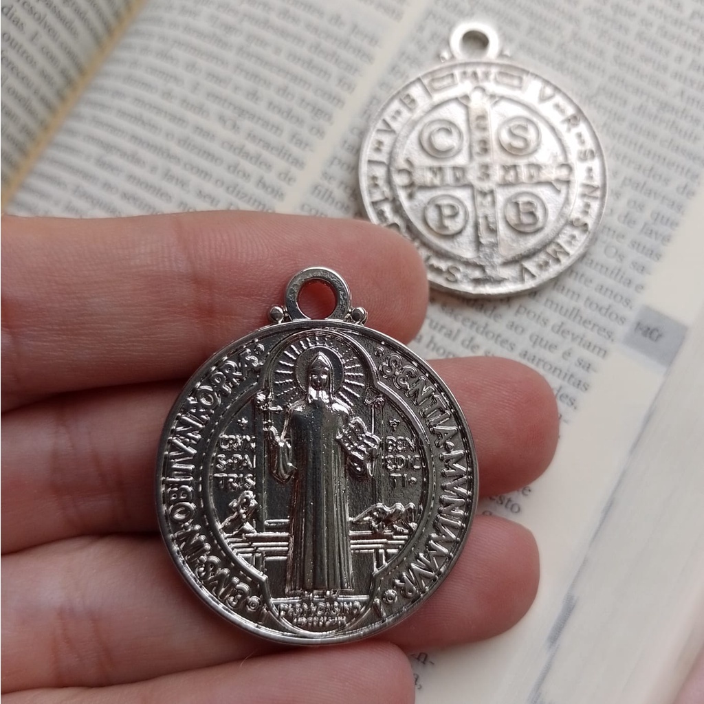 1 Pç Pingente / Medalha Católica de São Bento Níquel - Medalha São Bento - Terço Católico