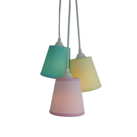 Lustre Pendente Luminária Cacho Revestido com Tecidos Candy Amarelo, Rosa e Verde