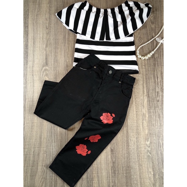 Conjunto Infantil Fashion - Blusa Listrada + Calça com Estampa de Rosa | Look Estiloso e Confortável DE 2 , 4, 6, 8 anos