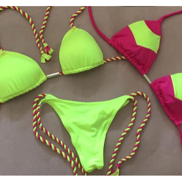 trikini amarelo neon - 2 sutiãs e 1 calcinha - biquini - bojo removivel - amarleo neon e rosa pink
