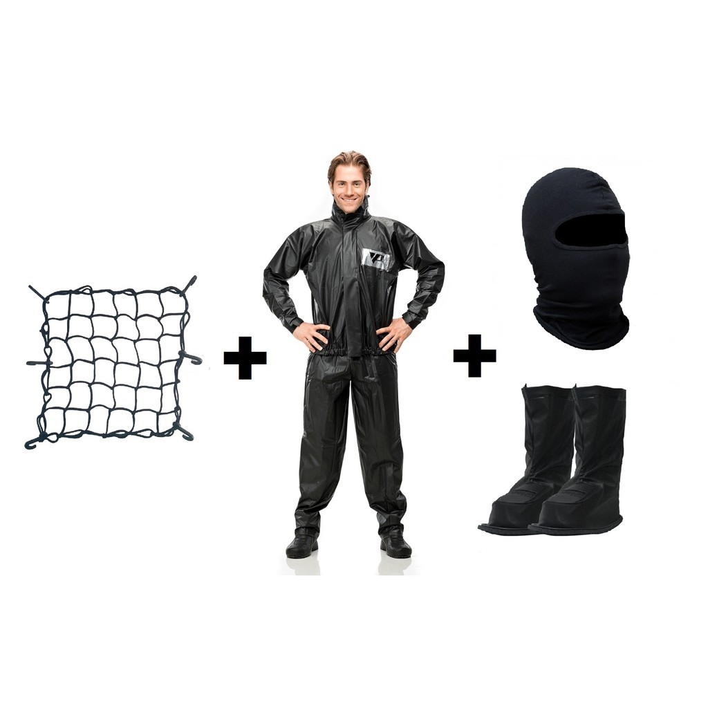 Conjunto Capa De Chuva Jaqueta+Calça Em Pvc Pantaneiro+Polaina Galocha+Touca Ninja Balaclava+Rede Elastica Motoqueiro