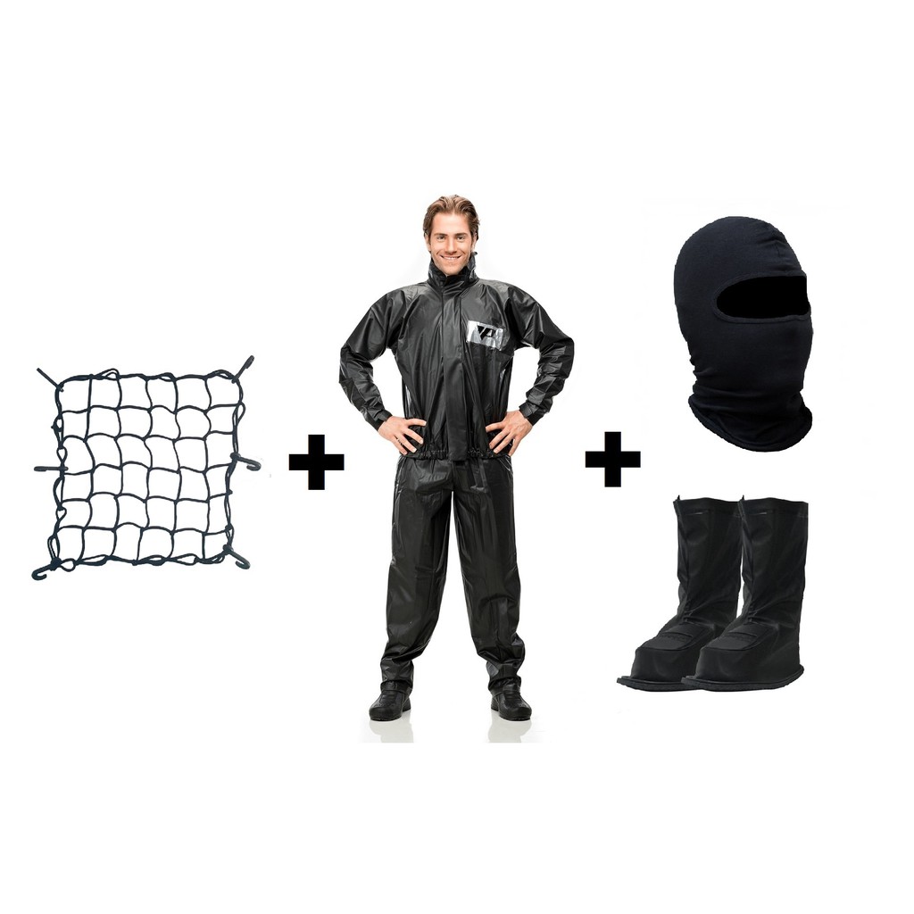 Kit Conjunto Capa De Chuva Jaqueta + Calça Em Pvc Pantaneiro + Polaina Galocha + Touca Ninja Balaclava + Rede Elastica - Moto Motoqueiro Motoboy