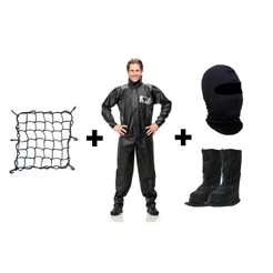Conjunto Capa De Chuva Jaqueta+Calça Em Pvc Pantaneiro+Polaina Galocha+Touca Ninja Balaclava+Rede Elastica Motoqueiro
