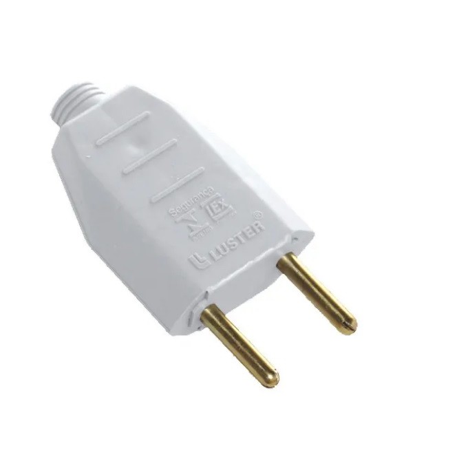 Plug Macho 10A 250V 2 Pinos. Com prensa-cabo, para cabos com diâmetro externo até 10mm. ABNT NBR 14136 Novo padrão de tomada. Plugue tomada macho 2 Pólos 10A 250V. Aplicações: Tomadas e Extensões. Plugue desmontável.