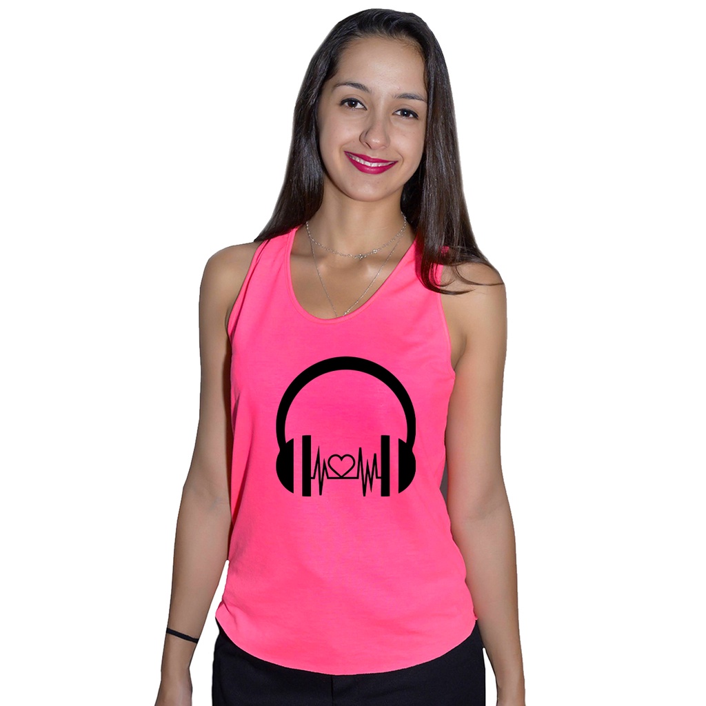 Blusa Regata Feminina Música Fone de Ouvido Academia Fitness