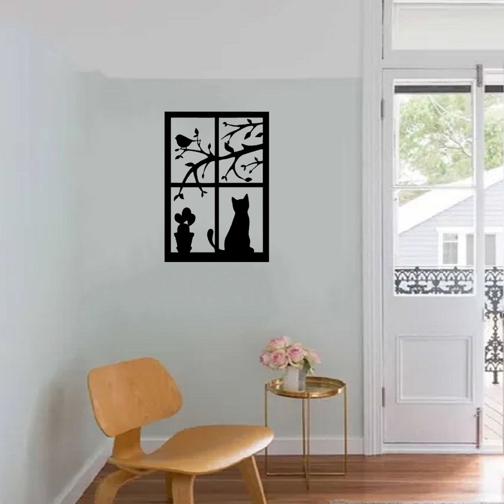 Quadro decorativo passaros e gato