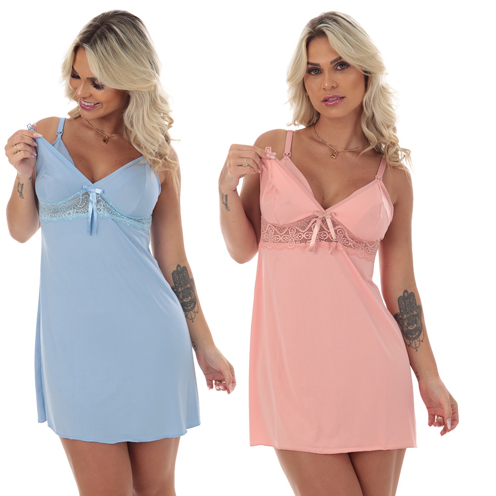 Kit 2 Camisolas Amamentação Pós Parto Microfibra Detalhe Em Renda Gravida Saída Maternidade em Oferta na Shopee