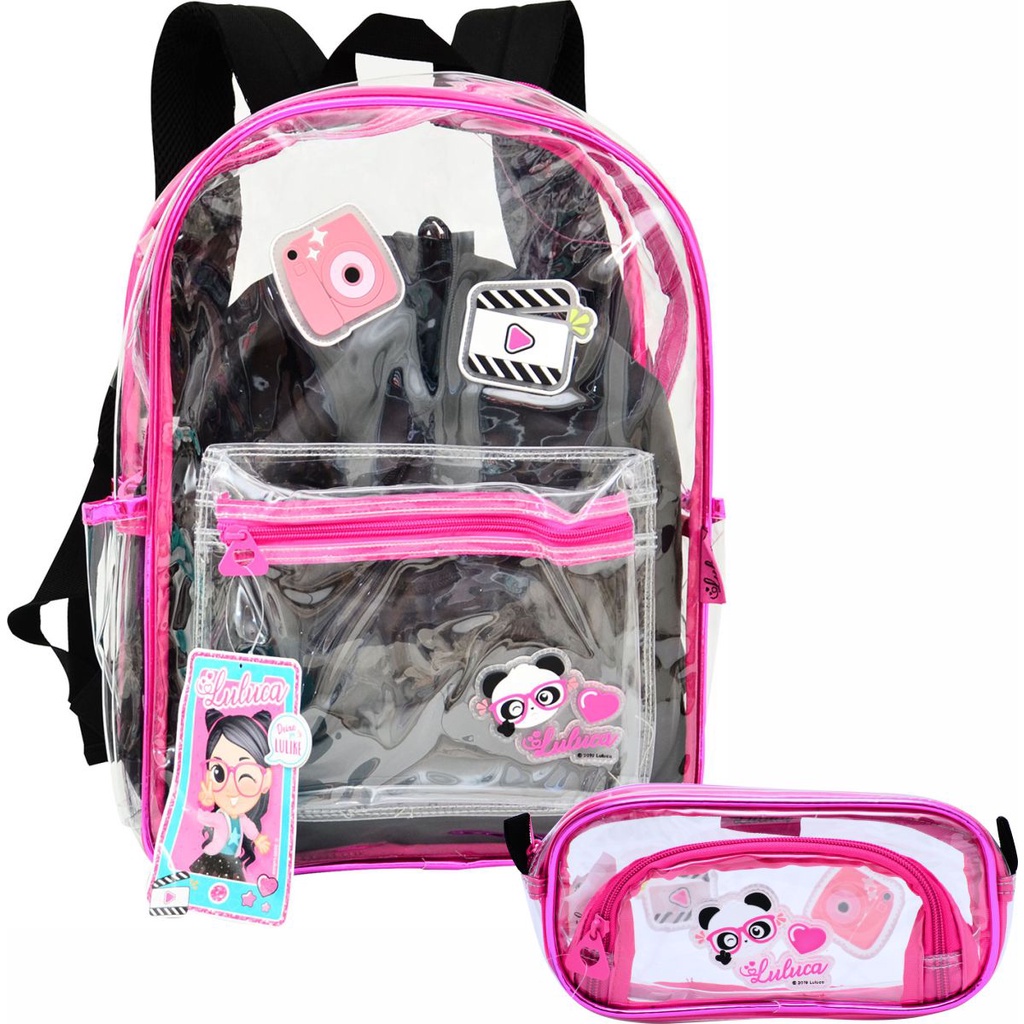 Kit Mochila E Estojo Transparente Oficial Luluca Lu3194 Preto Com Rosa