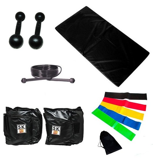 Kit Colchonete Preto + Par de Caneleira 5kgs + Par de Halter Bola Pintado 3kg + 5 Mini Band Elástico + Corda de Pular