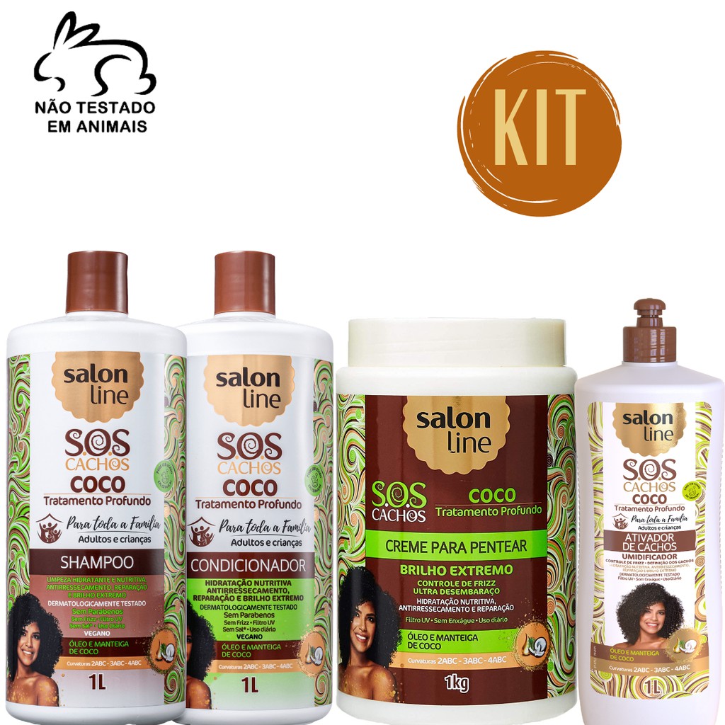 Kit Salon Line Sos Cachos Coco Shampoo Condicionador Creme De Pentear Ativador 1l Vegano Shopee Brasil