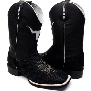 Bota Masculina Texana Country Botina em Couro Legítimo Bordada Bico Quadrado