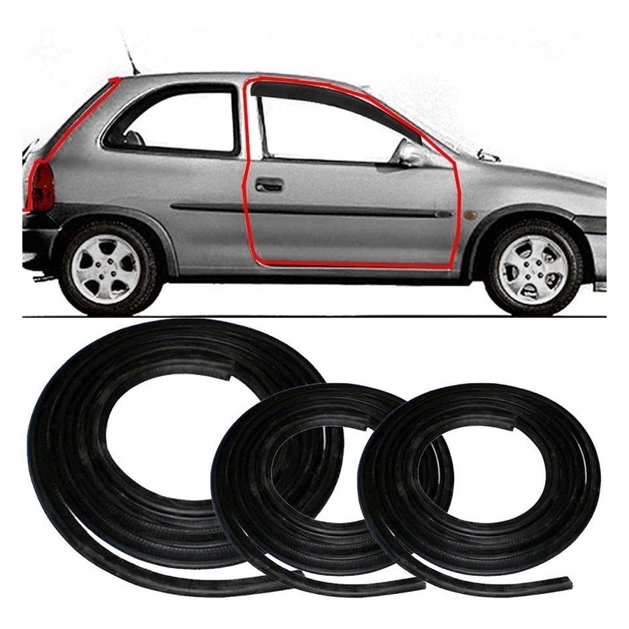 Kit Borracha Porta E Porta Malas Corsa Hatch 2pts GL GLS Super Wind Milenium 1994 1995 1996 1997 1998 1999 2000 2001 2002  Kit composto por  2 Borrachas de porta  1 Borracha Porta malas  PRODUTO NOVO