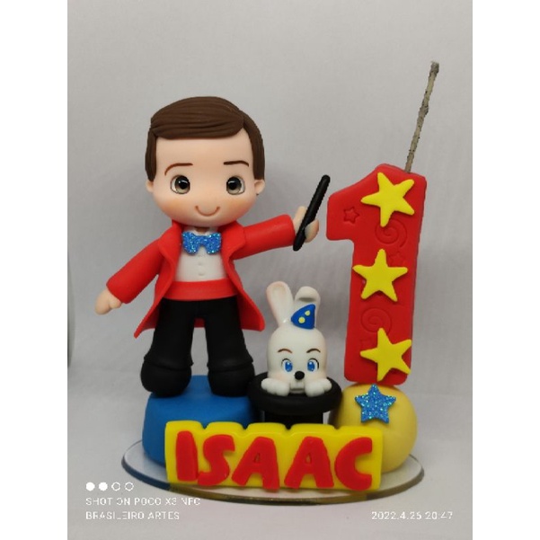 boneco de biscuit personalizado circo, boneco menino mágico, tema de aniversário circo vela com pavio mágico.