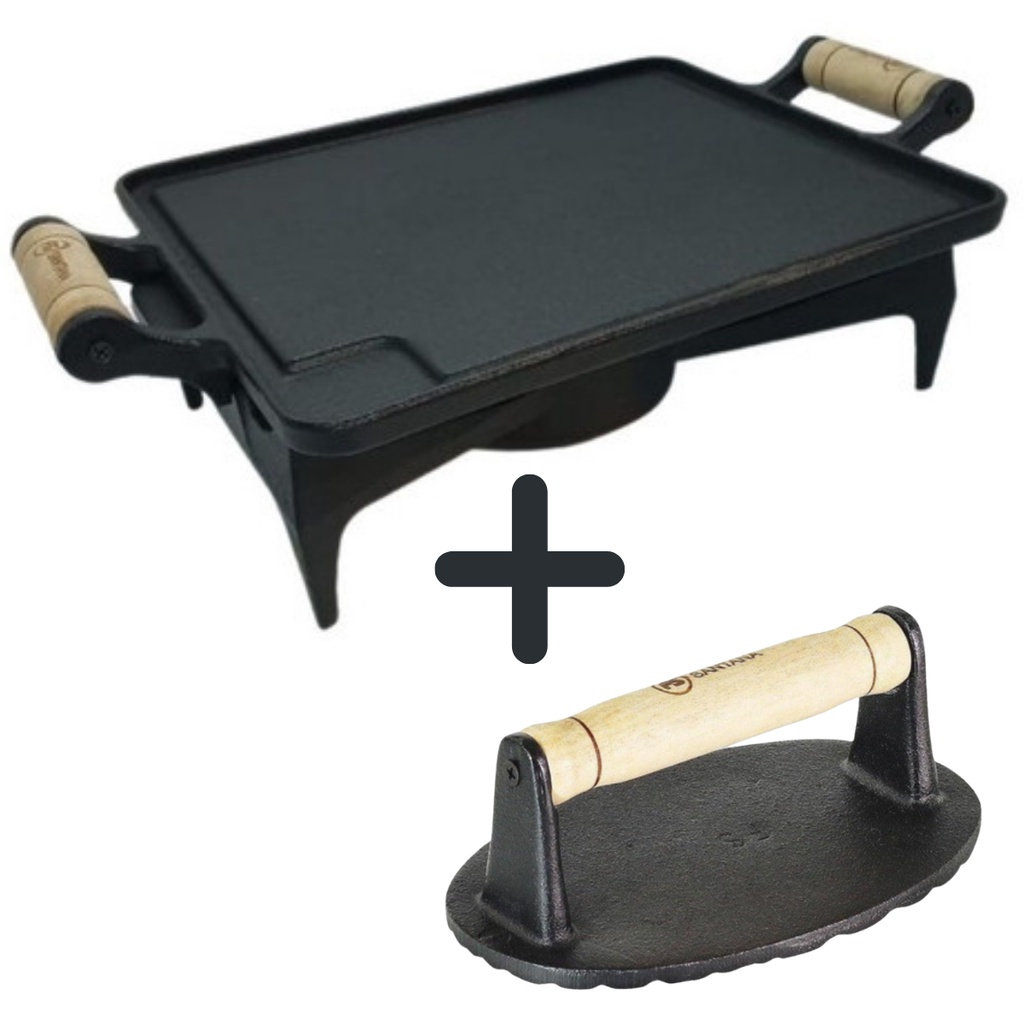 Conjunto Prensador + Rechaud De Ferro Fundido Com Aquecedor Alcool Uma Chama 24x29 Cm (envio Imediato)