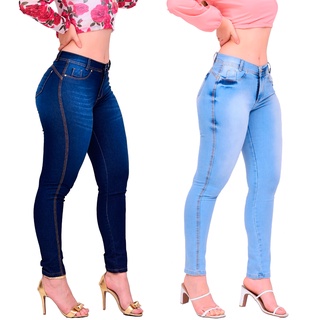 Kit 2 Calças Jeans Feminina Cintura Alta Com Lycra