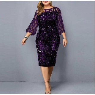 Vestido De Festa Plus Size Midi Lantejoula Malha Manga Comprida Lace Bodycon Elegante Xl-4Xl 5Xl Vestidos De Noite Mulher Verão 2021