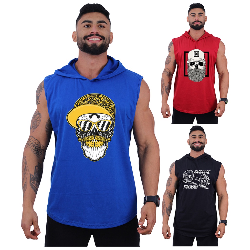 Kit 3 Regatas Longline Machão Com Touca Masculina MXD Conceito Academia Musculação Casual