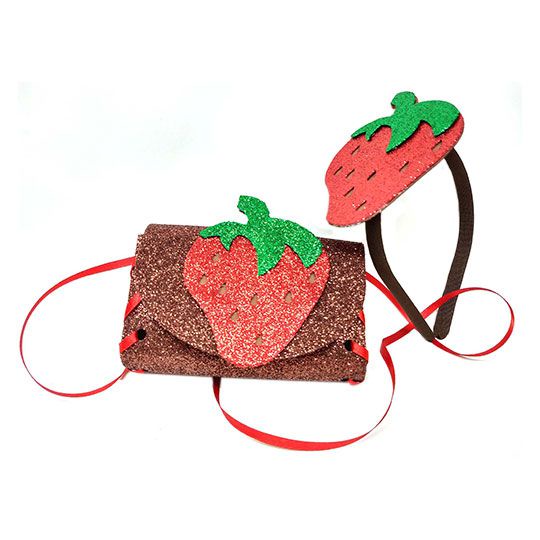 Kit tiara + bolsa Morango Glitter EVA infantil e adulto