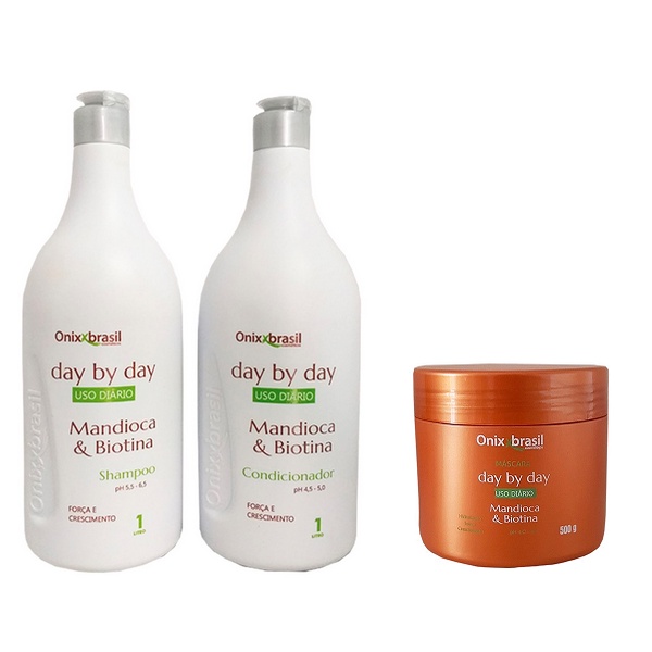Kit Day by Day Mandioca e biotina - shampoo e condicionador de 1 litro e mascara de 500g, Fortalece os fios e acelera o crescimentos dos fios - ONIXX BRASIL