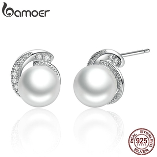 Bamoer Brincos De Pérola Jóias 925 Prata Esterlina Branco Push-back Tarraxa Para Mulheres Bijuterias SCE021