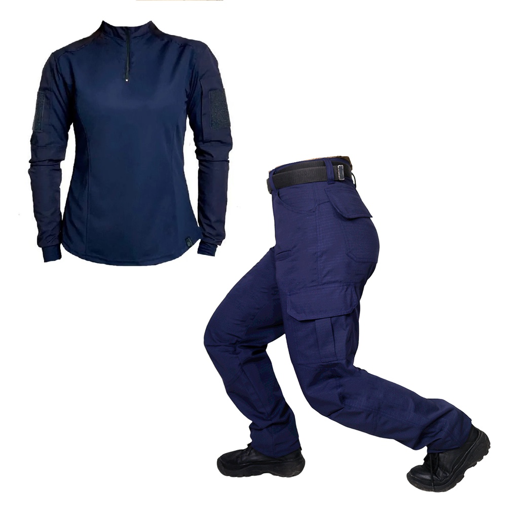 Farda Feminina (Calça Combat + Combat Shirt) Tática Ripstop Bélica - Azul Marinho