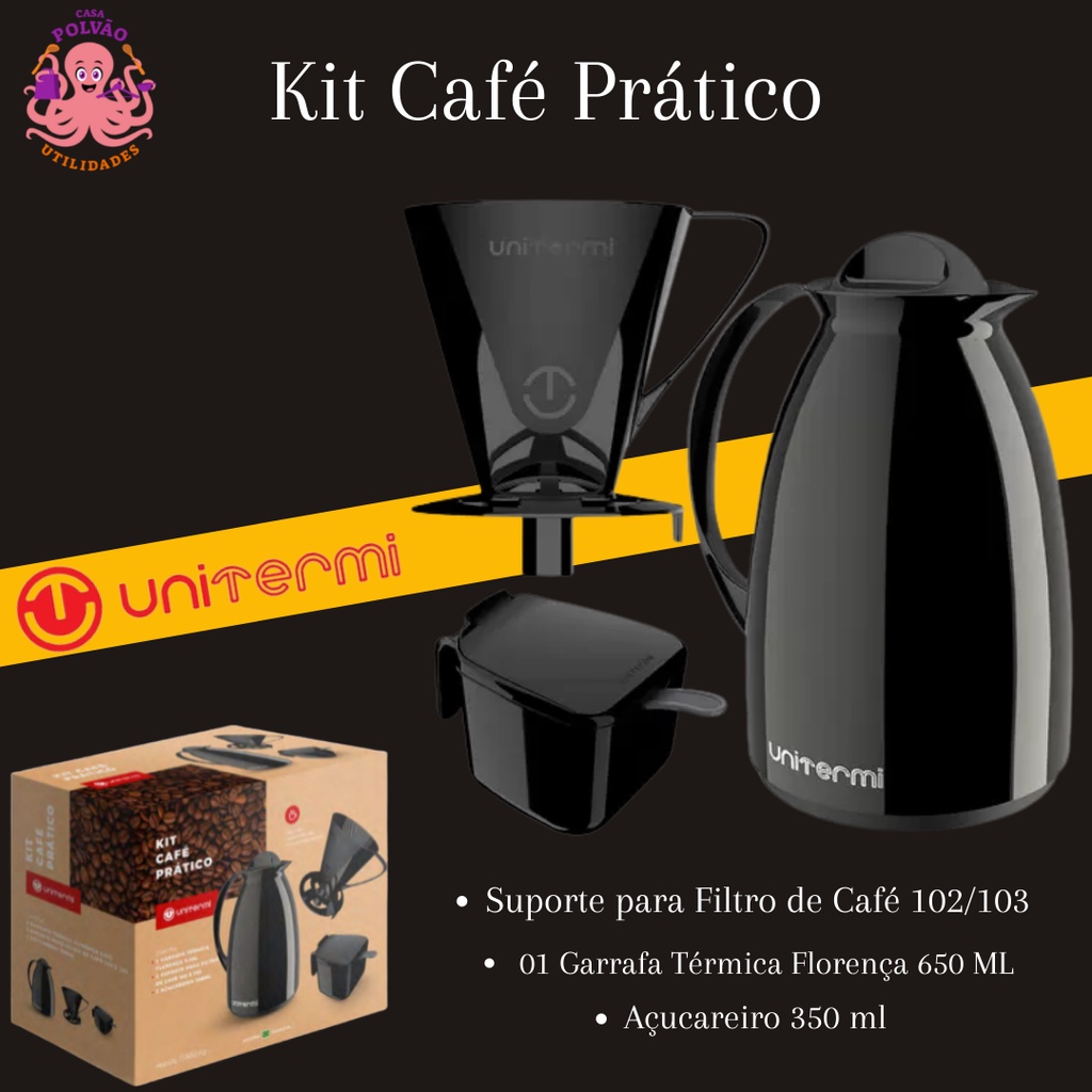 KIT PRÁTICO PARA CAFÉ, GARRAFA TÉRMICA + AÇUCAREIRO + SUPORTE FILTRO UNITERMI Shopee Brasil