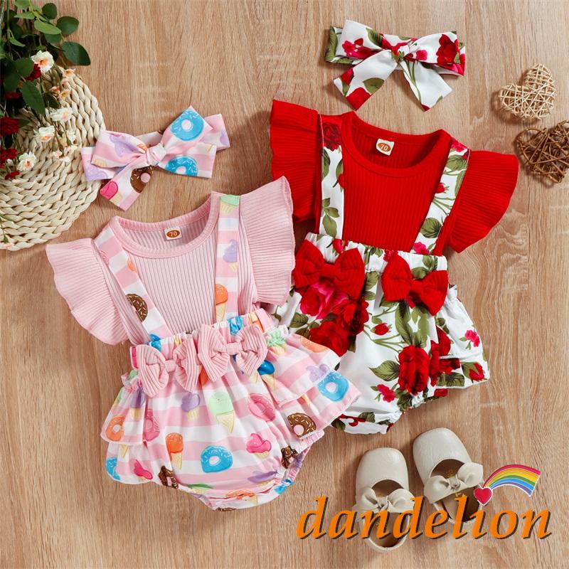 Conjunto para Bebês Meninas 0-18 Meses Macacão com Suspensório, Laço, Estampa de Donut/Flor e Renda Triangular com Faixa de Cabelo. em Oferta na Shopee