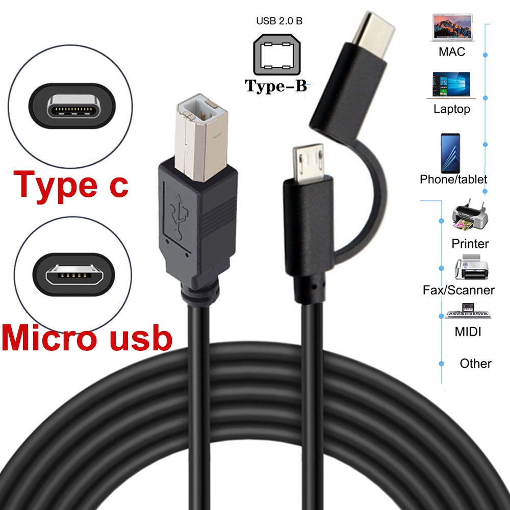 Micro USB 2.0 + Tipo C-USB3.1 Macho Para-B Cabo OTG Impressora Scanner Piano Eletrônico E Tambor