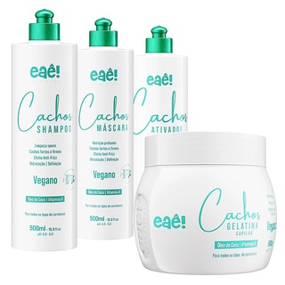 Kit Cabelos Cacheados Óleo de Coco - Shampoo, Condicionador, Gelatina e Ativador de Cachos 500ml Eaê!