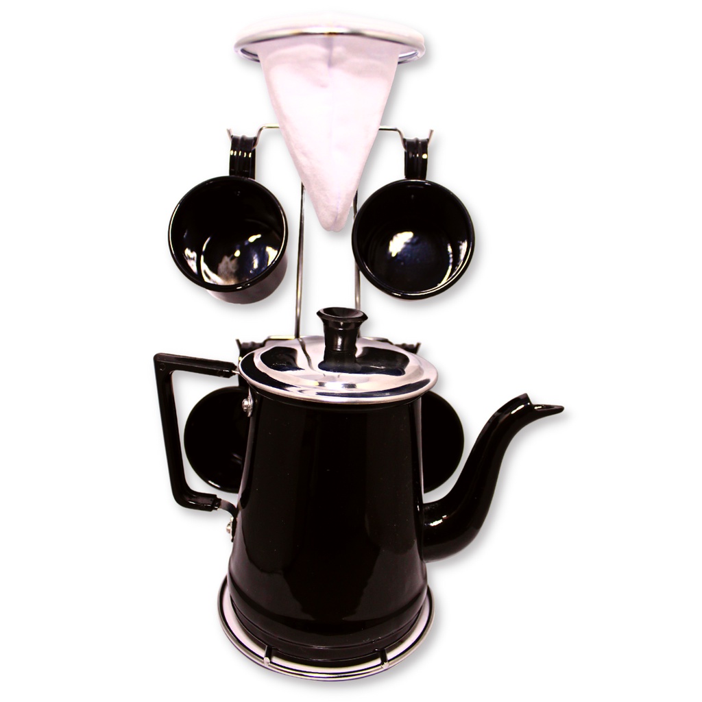Bule Com Coador De Cafe Colorido Retro em alumínio + coador de pano + lindas Canecas em alumínio Diversas cores