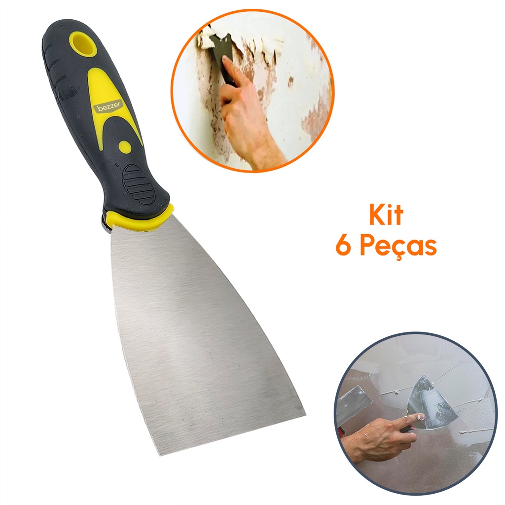kit 6 Espátula 7,5 Cm Gesseiro Pintor Massa Corrida Obra Cabo Emborrachado Multiuso Drywall Artesanato Sela Trinca