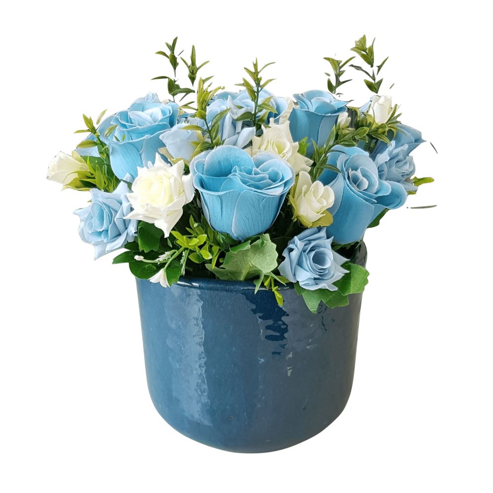 Arranjo de Flores Artificiais com Rosas Azuis em Vaso Vietnamita - Linha  Permanente Opção Decor | Shopee Brasil