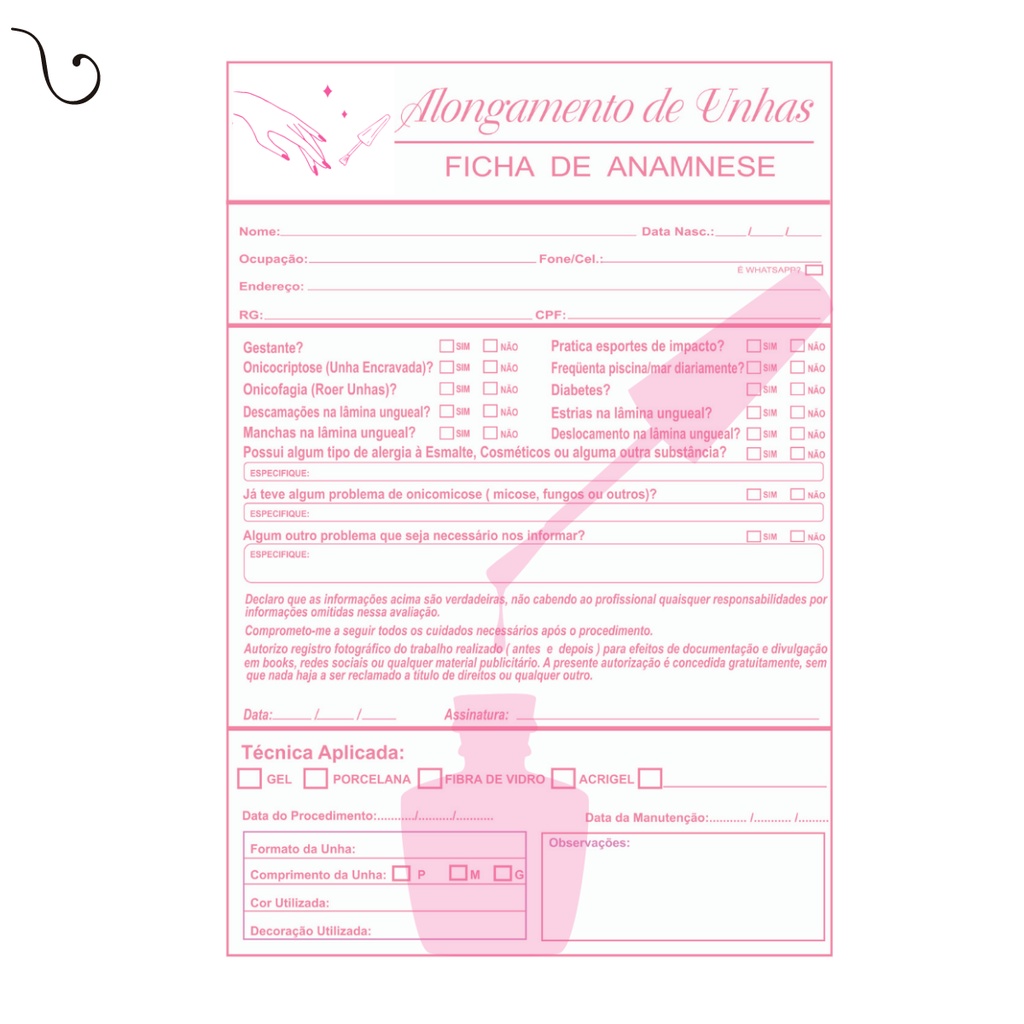 Ficha de Anamnese para Alongamento de Unhas Completo 100 Folhas - Colorido