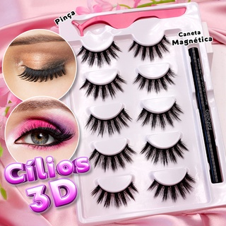 Kit Cílios 5 Pares 3D Caneta Delineadora magnética e Pinça Aplicador de Cílios