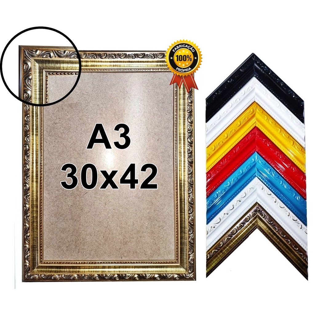 Moldura Quadro A3 30x42 em Madeira Trabalhada Laqueada com Vidro e Fundo