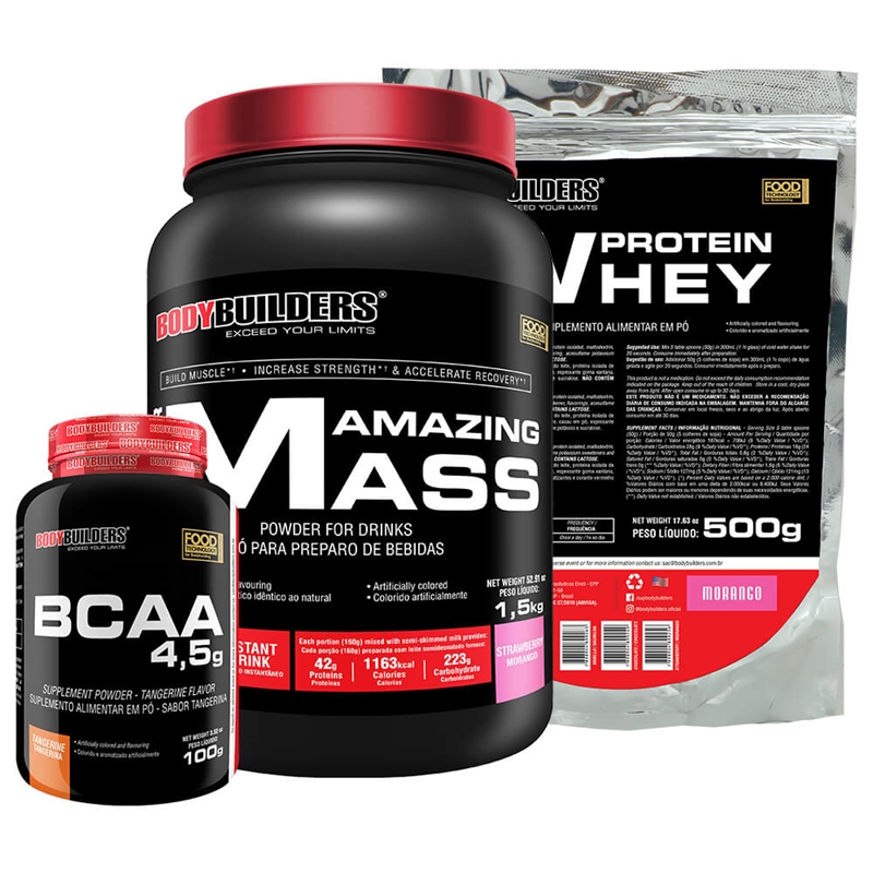 Kit Hipercalórico Massa Amazing Mass 1,5kg + Whey Protein 500g + BCAA 100g - Bodybuilders