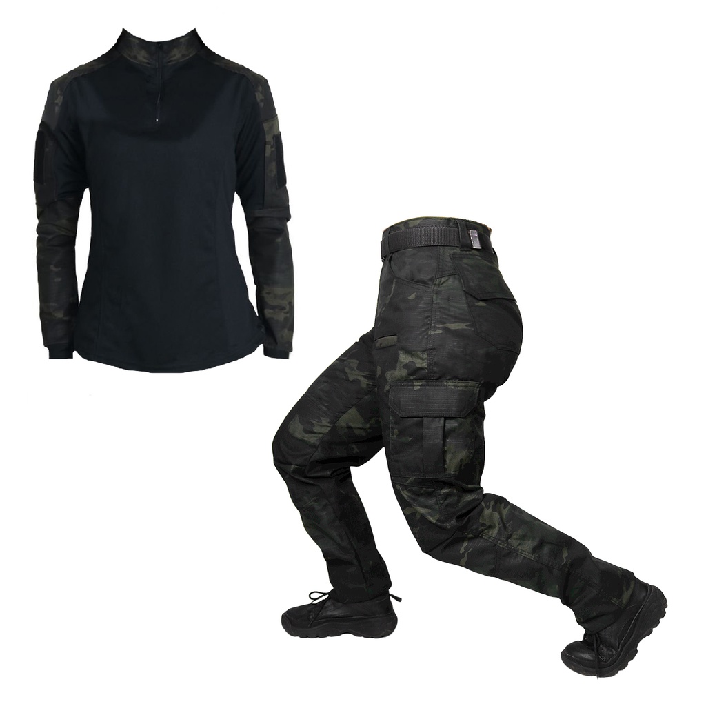 Farda Feminina (Calça Combat + Combat Shirt) Tática Ripstop Bélica - Camuflada Multicam Black