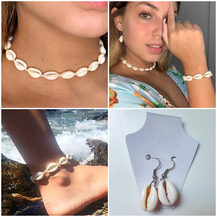 PULSEIRA + Choker  + Tornozeileira  + Brinco Búzios Natural  Pequeno 4 peças Conjunto  Lorena