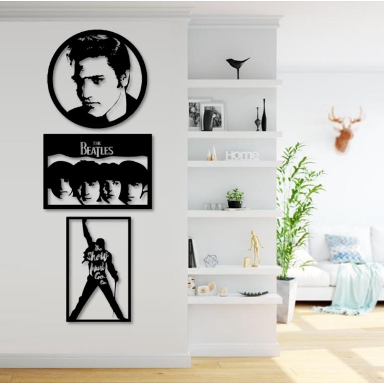 Trio de Quadros decorativos vazados Elvis, Queen, Beatles rock mdf quadro decorativo para sala