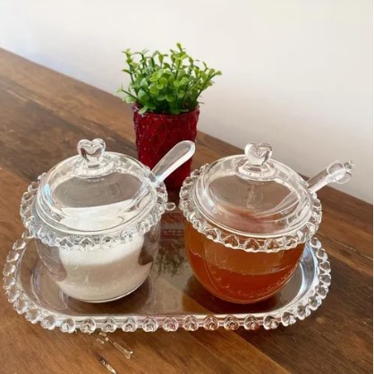 Kit 3 Peças Meleira E Açucareiro Travessa Coração Cristal Lyor