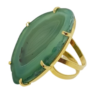Anel Pedra Natural Chapa Ágata Verde Ajustável Banhado Ouro em Oferta na Shopee