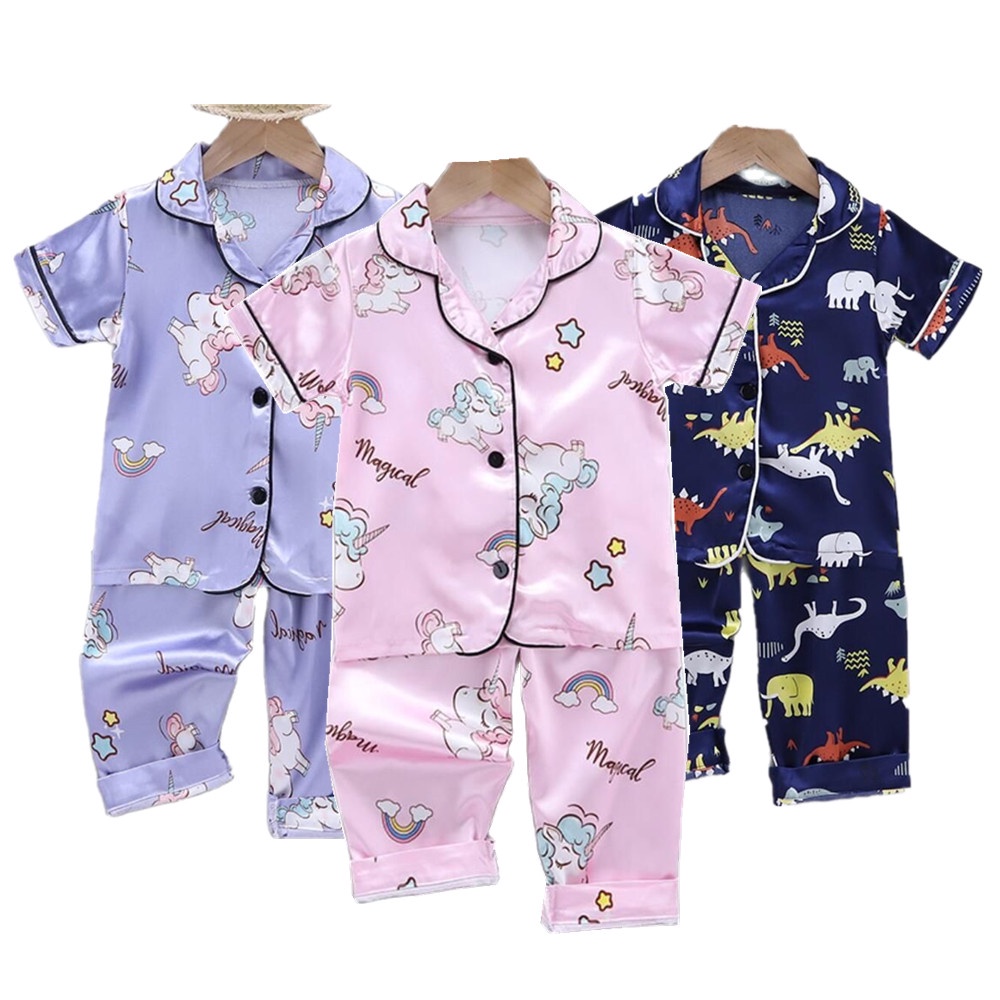 Conjunto De Pijamas Infantis Unicórnio Terno Gelo Seda Algodão Manga Curta Topo + Calças Para Meninos E Meninas Crianças